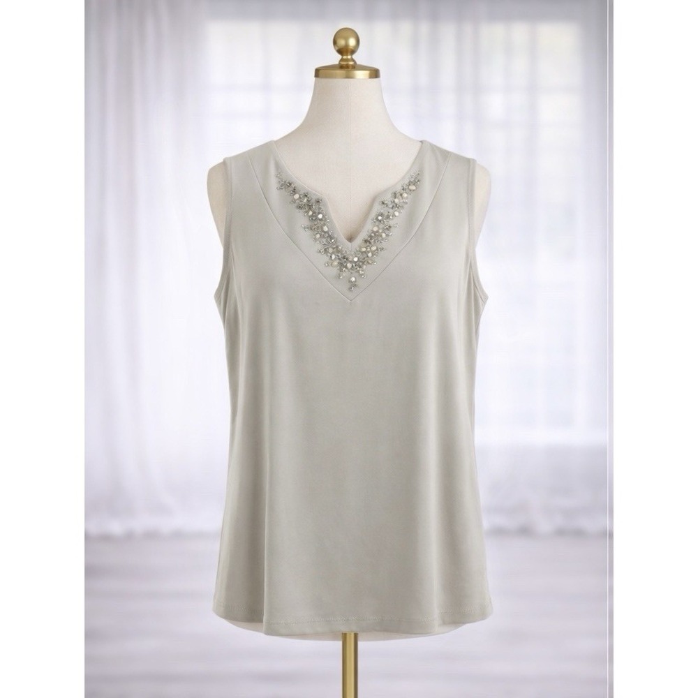 Susan Graver‎ Artisan Liquid Knit Sleeveless Too Taupe With Gold Bling V-Neck 2x